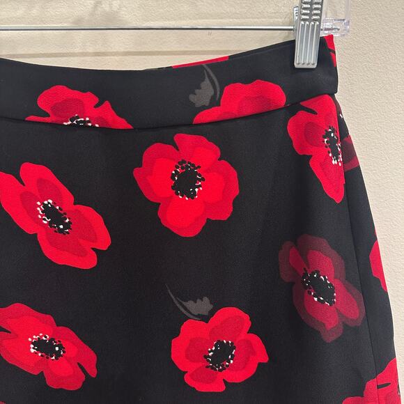 Kate Spade Red Black Poppy Print Ruffle Flounce Hem Crepe Mini Skirt Sz 0 Preppy - Picture 3 of 8